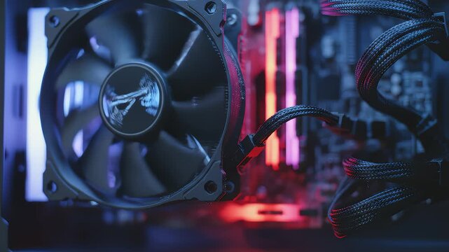Computer Fan Cooling a Gaming Pc With Red and Blue Led Lights