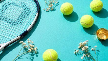 Tennis racket and balls arranged on a turquoise background with dried flowers and a golden cupcake liner