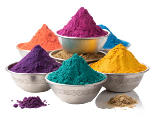 Colorful Holi Powder Bowls with Vibrant Gulal Pigments - Traditional Indian Festival of Colors Decoration