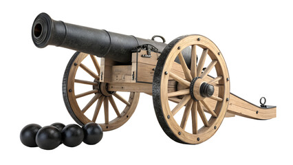 Antique Civil War Field Cannon with Wooden Wheels and Iron Cannonballs - Historic Artillery Mockup