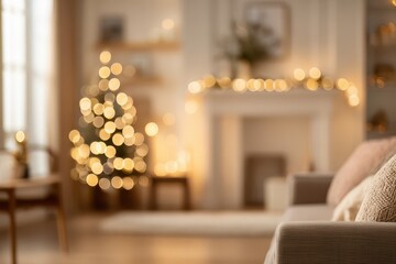Neutral Christmas Room Scene with Gentle Blur and Generous Negative Space