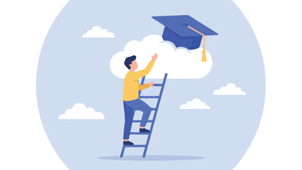 Achieving educational goals, man climbing ladder to reach graduation cap.