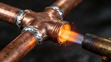 accuser. Extreme close-up of copper pipe joint with molten silver brazing. safety posters, maintenance manuals, designed for precision metalworking and fabrication facilities.