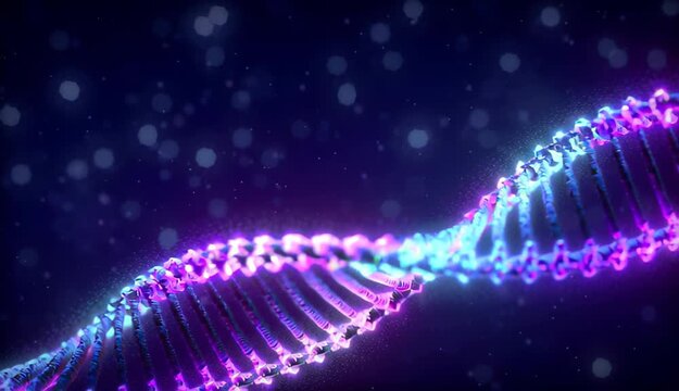 Futuristic 3D animation of glowing DNA strands rotating in deep space. Perfect for medical, genetic research, biotech, or science-themed visuals and technology concepts