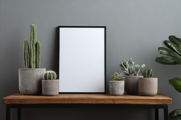 Minimalist home decor with potted plants and blank picture frame