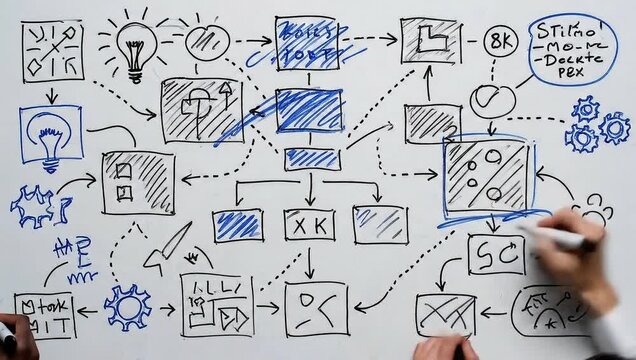 Strategic Roadmap Visualization: A detailed business plan unfolds as multiple hands collaboratively sketch ideas, connecting concepts and highlighting progress.