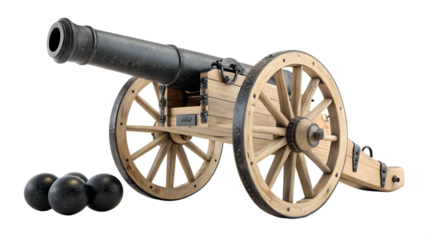 Antique Civil War Field Cannon with Wooden Wheels and Iron Cannonballs - Historic Artillery Mockup