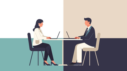 professional business interview with two individuals engaging in discussion at office desks