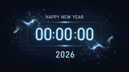 Futuristic digital countdown clock reaching midnight for Happy New Year 2026.