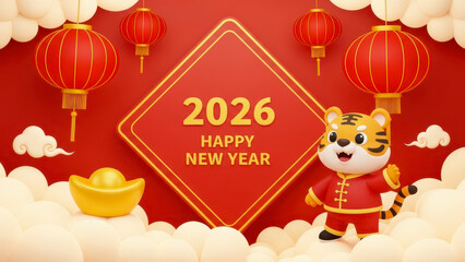Fototapeta premium Happy new year 2026 celebrated with tiger and lanterns