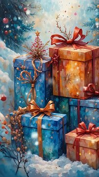Festive christmas watercolor art, seamless pattern with colorful christmas gift boxes and snow