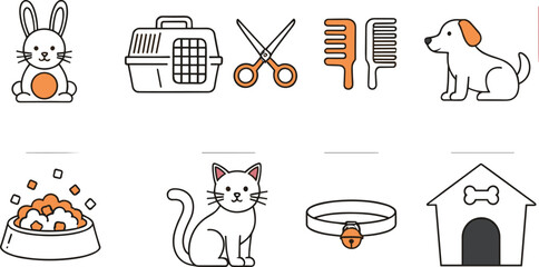Pet care icons vector set with dog cat rabbit grooming food collar carrier and animal shelter symbols