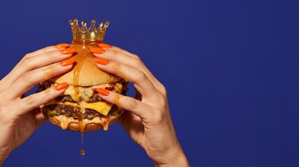 Female hands with orange nails holding cheeseburger with crown and dripping honey