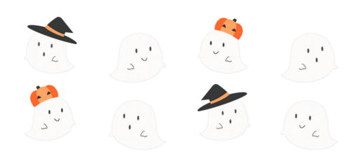 A collection of cute cartoon ghosts with halloween hats and pumpkins