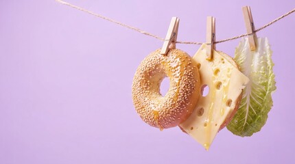 Sesame bagel and swiss cheese hanging on clothesline against purple background