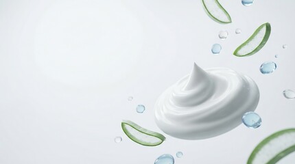 White cosmetic cream swirl floating with green aloe vera slices and water