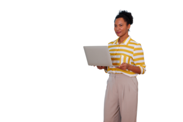 Black businesswoman smiling, holding laptop, managing remote work, standing with transparent background