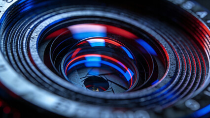 Close-up view of a camera lens with reflective red and blue light patterns