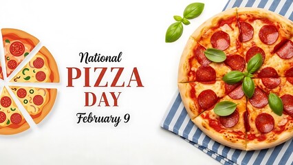 National Pizza Day February 9 graphic with a real pepperoni pizza and stylized food icons