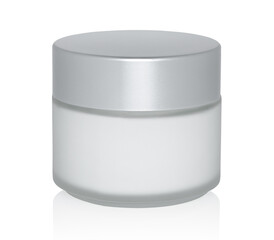 Glass cosmetic cream jar isolated white background with natural reflection and shadows