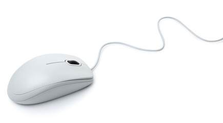 White modern wired computer mouse on white background with natural reflection and shadows