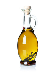 Olive oil glass bottle, isolated on white background with natural reflection and shadows
