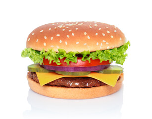 Big hamburger with beef cutlet on white background with natural reflection and shadows