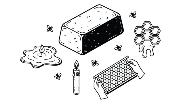 Honey set drawing honeycomb wax candle bees line art products isometric vector illustration
