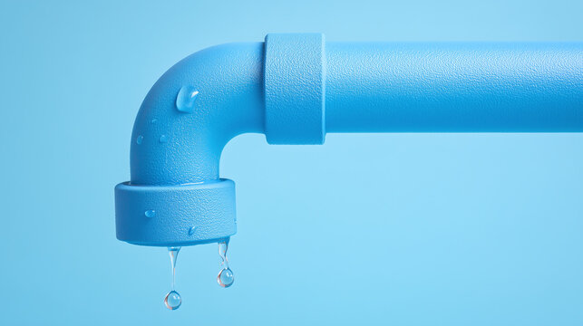 Leaking blue pipe connector with water droplets dripping, close up of plumbing detail showing water leakage and moisture on textured surface in soft blue background