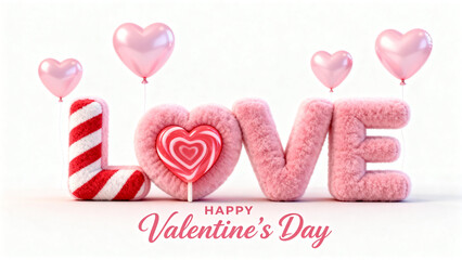 3D rendering of 'LOVE' letters with heart balloons and candy, celebrating Valentine's Day