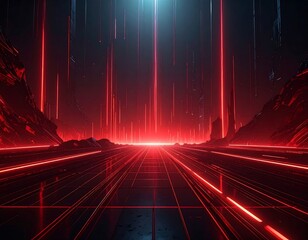 Futuristic digital scene with linear red lights and geometric shapes in a dark environment