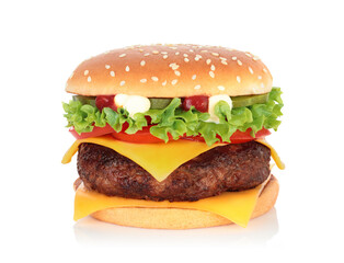 Big hamburger with big beef cutlet on white background with natural reflection and shadows