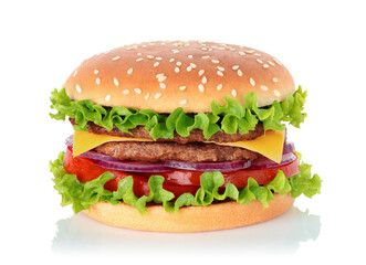 Big hamburger with two beef cutlets on white background with natural reflection and shadows