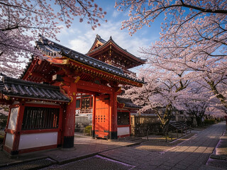 Naklejka premium Traditional Japanese temple gate framed by blooming cherry blossoms (sakura) under a clear blue sky in spring, beautiful travel destination in Japan
