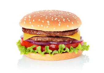 Big hamburger with two cutlets on white background with natural reflection and shadows