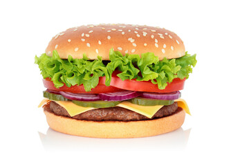 Big hamburger with beef cutlet and onion on white background with natural reflection and shadows