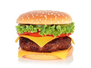Big hamburger with big beef cutlet on white background with natural reflection and shadows