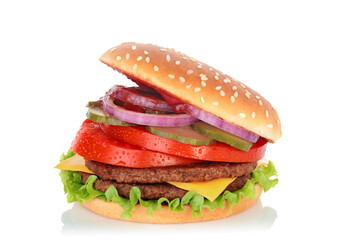 Open big hamburger with two cutlets on white background with natural reflection and shadows