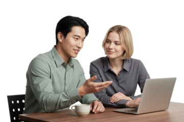 Diverse team collaborating on laptop project, sharing ideas