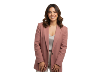 Confident Hispanic businesswoman smiling professionally in stylish pink blazer