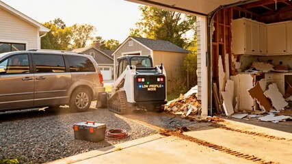 Compact loader operating in a suburban home renovation zone showcasing adaptability in moderate residential workspaces.
