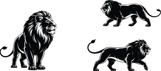 Black lion silhouette illustration set, powerful male lion poses, elegant wildlife vector art, isolated on white background, bold design © Hey world