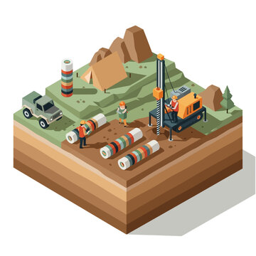 Geological Survey and Mineral Exploration Site with Drilling Rig and Core Samples.