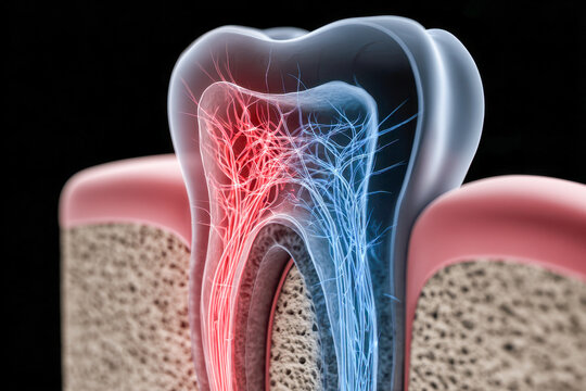 Detailed digital illustration showing the inner anatomy of a tooth with nerves highlighted in red and blue surrounded by gum tissue and jawbone cross section