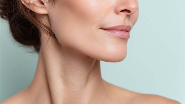 Close up of smooth jawline and clear skin texture on woman face showing healthy complexion and natural beauty with soft lighting on light blue background