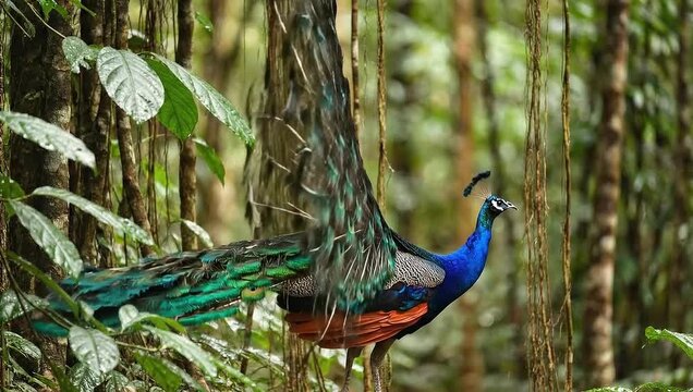 Majestic Peacock Amidst Lush Forest: A vibrant peacock struts gracefully through the dense foliage, its resplendent plumage a dazzling spectacle of color amidst the verdant canopy.