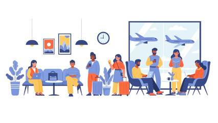 Modern airport terminal with travelers waiting and aircraft views clear