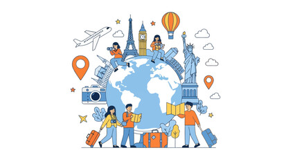 Global travel and adventure illustration highlighting iconic landmarks and