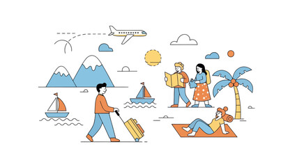 Minimalist Illustration of Vacation Scene with Sailing and Relaxation Activities