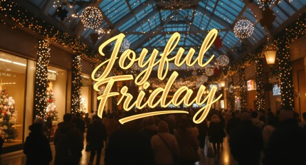 Festive Shopping Mall Interior Celebrating Joyful Friday with Christmas Decorations and Warm Lighting